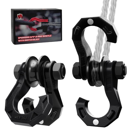 AMBULL D Ring Separate Shackle with Snatch Block 2 Set, 3/4" Shackles w/ Snatch Block Pulley, Heavy Duty Shackle for Towing Winch, Pulley for Off-Road Vehicle Recovery, Truck, ATV, UTV, BlackBlack
