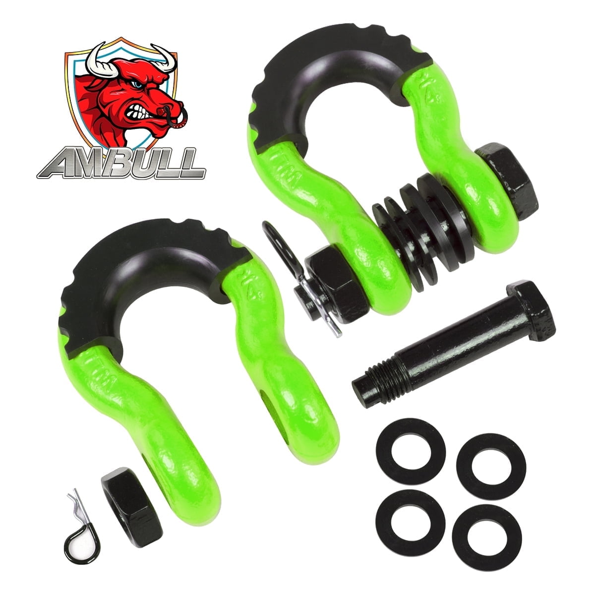 AMBULL Shackles 3/4" D Ring Shackle (2 Pack) 45,000lb Break Strength with 7/8" Pin, Anti Theft Security Screws, Isolator & Washer Kits for Use with Tow Strap Winch Truck Vehicle Recovery, Green