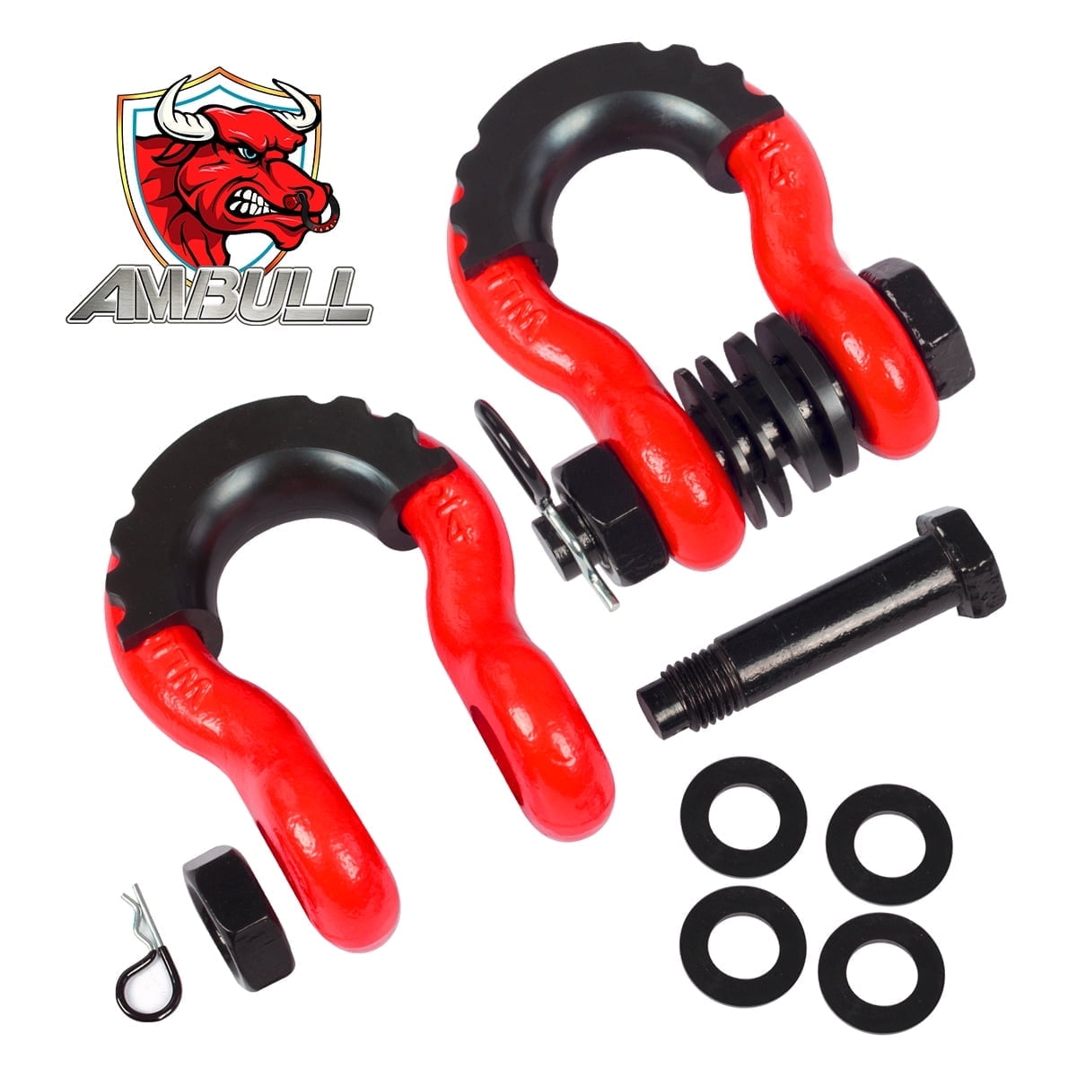 AMBULL Shackles 3/4 Inch D Ring Shackle (2 Pack) 45,000lb Break Strength with 7/8 Inch Pin, Isolator and Washer Kits for Use with Tow Strap, Winch, Off-Road Jeep Truck Vehicle Recovery, Red