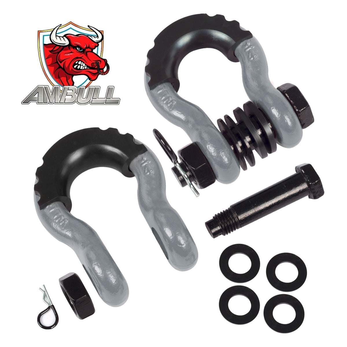 AMBULL Shackles 3/4 Inch D Ring Shackle (2 Pack) 45,000lb Break Strength with 7/8 Inch Pin, Isolator and Washer Kits for Use with Tow Strap, Winch, Off-Road Jeep Truck Vehicle Recovery, Gray