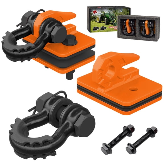 AMBULL Tractor Bucket Grab Hook with 5/8" D-Ring Shackle Combo, Bolt-On Tow Hook and D-ring Shackle, Matching Backing Plate, Rubber Gaskets & Isolators, 20000LBS Breaking Strength, 2 Set, OrangeBlack