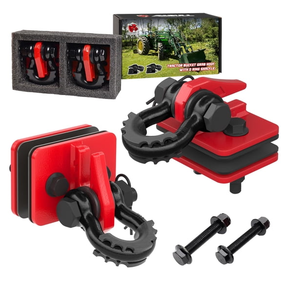 AMBULL Tractor Bucket Grab Hook with 5/8" D-Ring Shackle Combo, Bolt-On Tow Hook and D-ring Shackle, Matching Backing Plate, Rubber Gaskets & Isolators, 20000LBS Breaking Strength, 2 Set, Red&Black