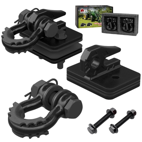 AMBULL Tractor Bucket Grab Hook with 5/8" D-Ring Shackle Combo, Bolt-On Tow Hook and D-ring Shackle, Matching Backing Plate, Rubber Gaskets & Isolators, 20000LBS Breaking Strength, 2 Set, Black&Black