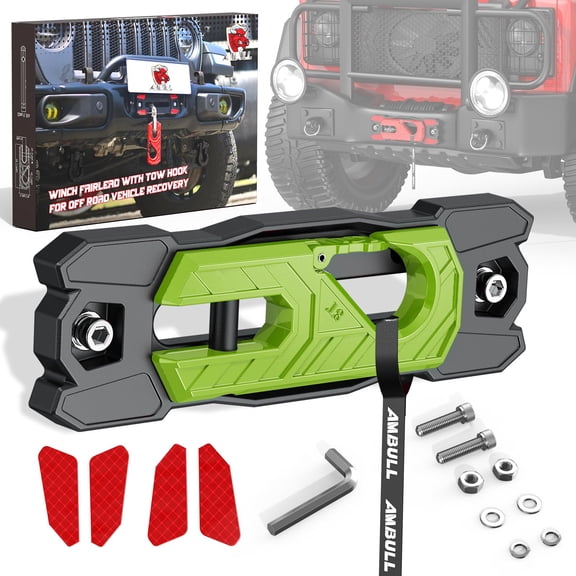 AMBULL Winch Fairlead with Tow Hook, Aluminum Hawse Fairlead with Grade 80 Forged Steel Winch Hook, 33000lb Break Strength Winch Fairlead Hook Set for Off-Road Vehicle Recovery, BlackGreen