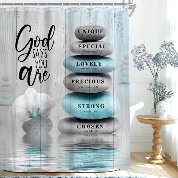 AMBZEK Teal Blue Turquoise Shower Curtain 60Wx72L Inch Bible Verse Scripture Christian Zen Stone Spa Meditation Relaxing Lotus Cloth Fabric Waterproof Polyester Bathroom Decor Set with 12 Pack Hooks