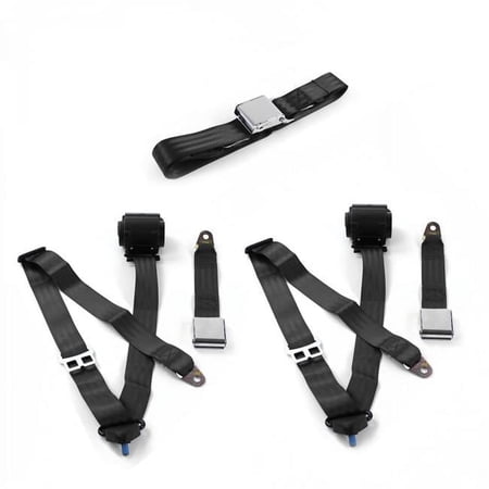 AMC AMX 1967-1974 Airplane 3 Point Black Retractable Bench Seat Belt Kit - 3 Belts