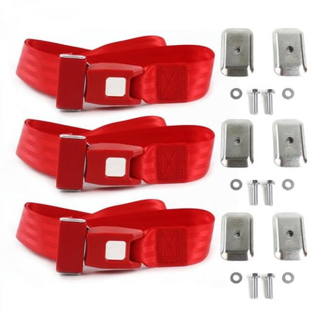 AMC Eagle 1979-1987 Standard 2 Point Red Lap Bench Seat Belt Kit with Bracketry - 3 Belts