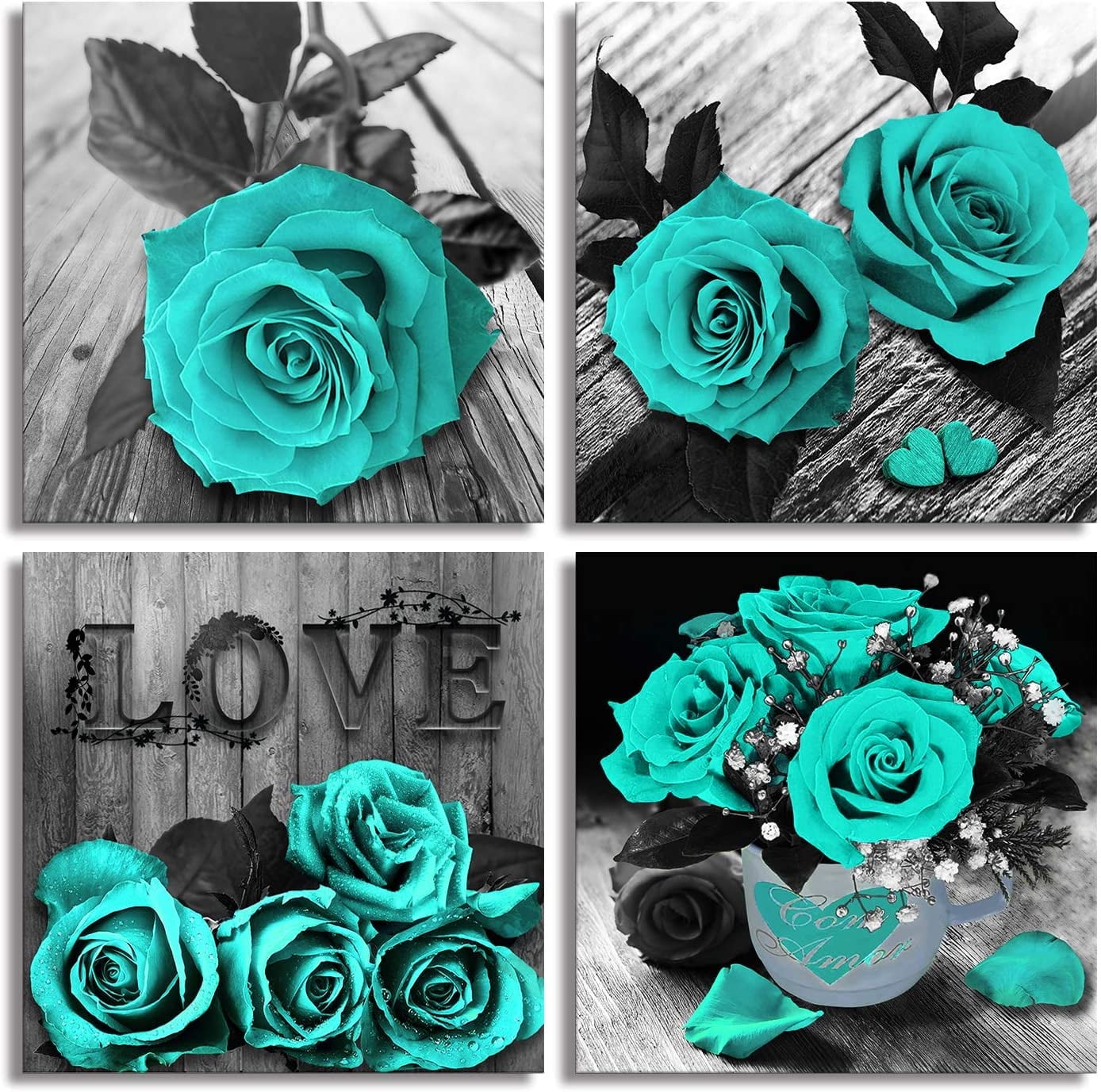 AMCART Teal Rose Flowers Canvas Prints Black and White Wall Art ...