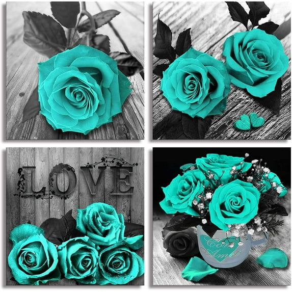 AMCART Teal Rose Flowers Canvas Prints Black and White Wall Art Turquoise Floral Pictures for Home Bedroom Bathroom Decoration