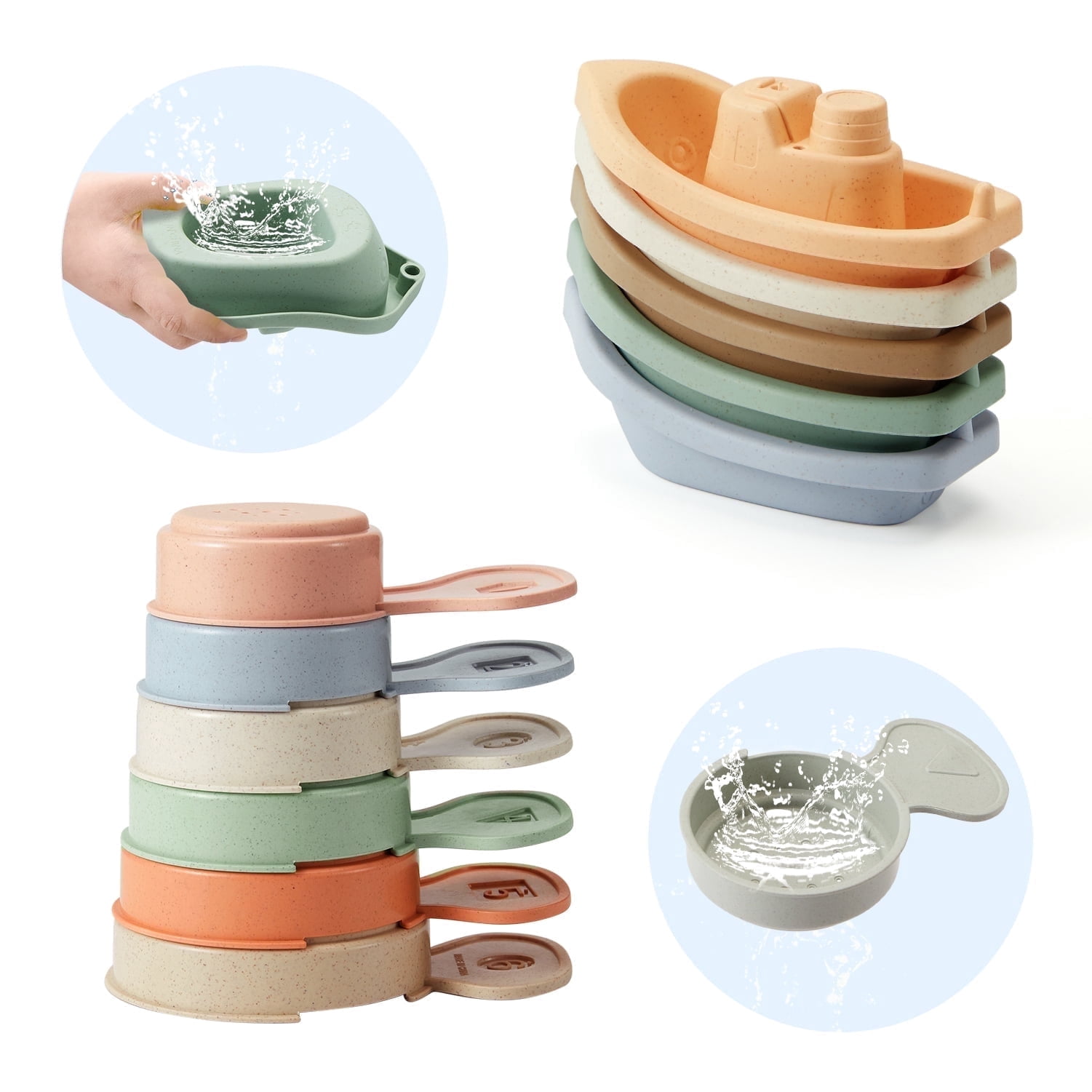 AMCHSURI Bath Toys Floating Boats with Bathing Spoon, 11 PCS Bathtub Mold-Free Toys for Toddlers