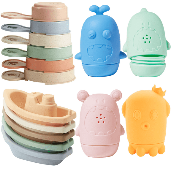 AMCHSURI Mold-Free Toddler Bath Toys, 15-Piece Silicone and Floating Boats Set