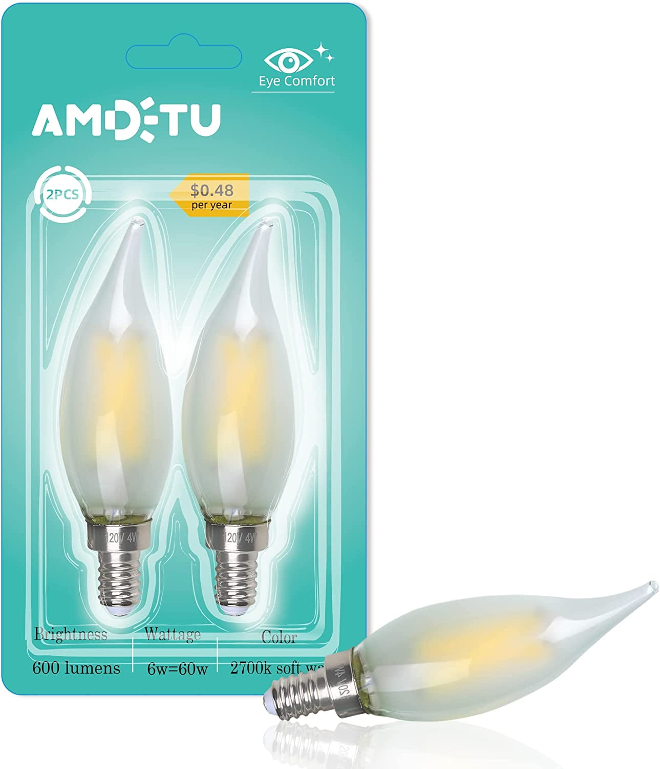 AMDTU 60W Candelabra Light Bulbs LED, Frosted Chandelier Bulb 60 Watt