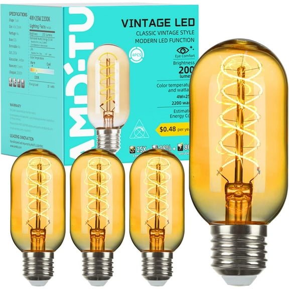 AMDTU Vintage LED Edison Bulb Super Thin Spiral Filament Non-dimmable, 25 Watt Tubular Incandescent Light Bulb Replacement Soft Warm 2200K, T45 Amber Glass Retro LED Bulb 4W, E26 Base 120V 4 Pack