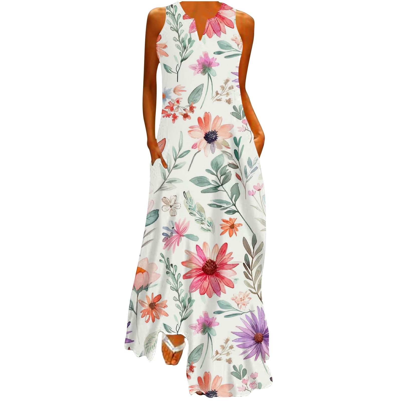 AMDWOV Athletic Dress Women Casual Loose Printed Tank Dress Beach V