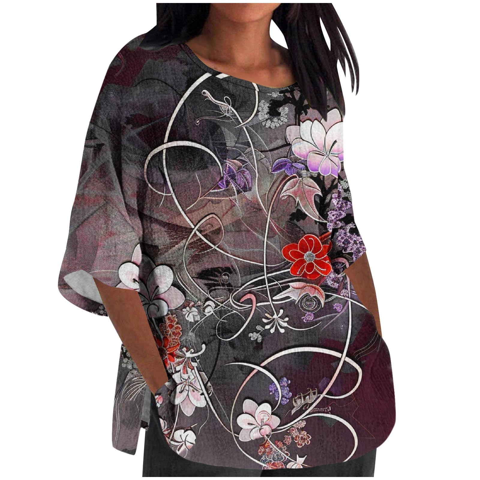 AMDWOV Cropped T Shirts for Women Fashion Casual Cropped 3/4 Sleeve