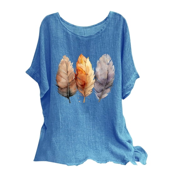 AMDWOV Ladies Tops and Blouses Women's Fashion Print Tees Casual Crew Neck Raglan Short Sleeve Loose T Shirt Cotton Linen Tops Blouses Tops Style P-125 Blue s