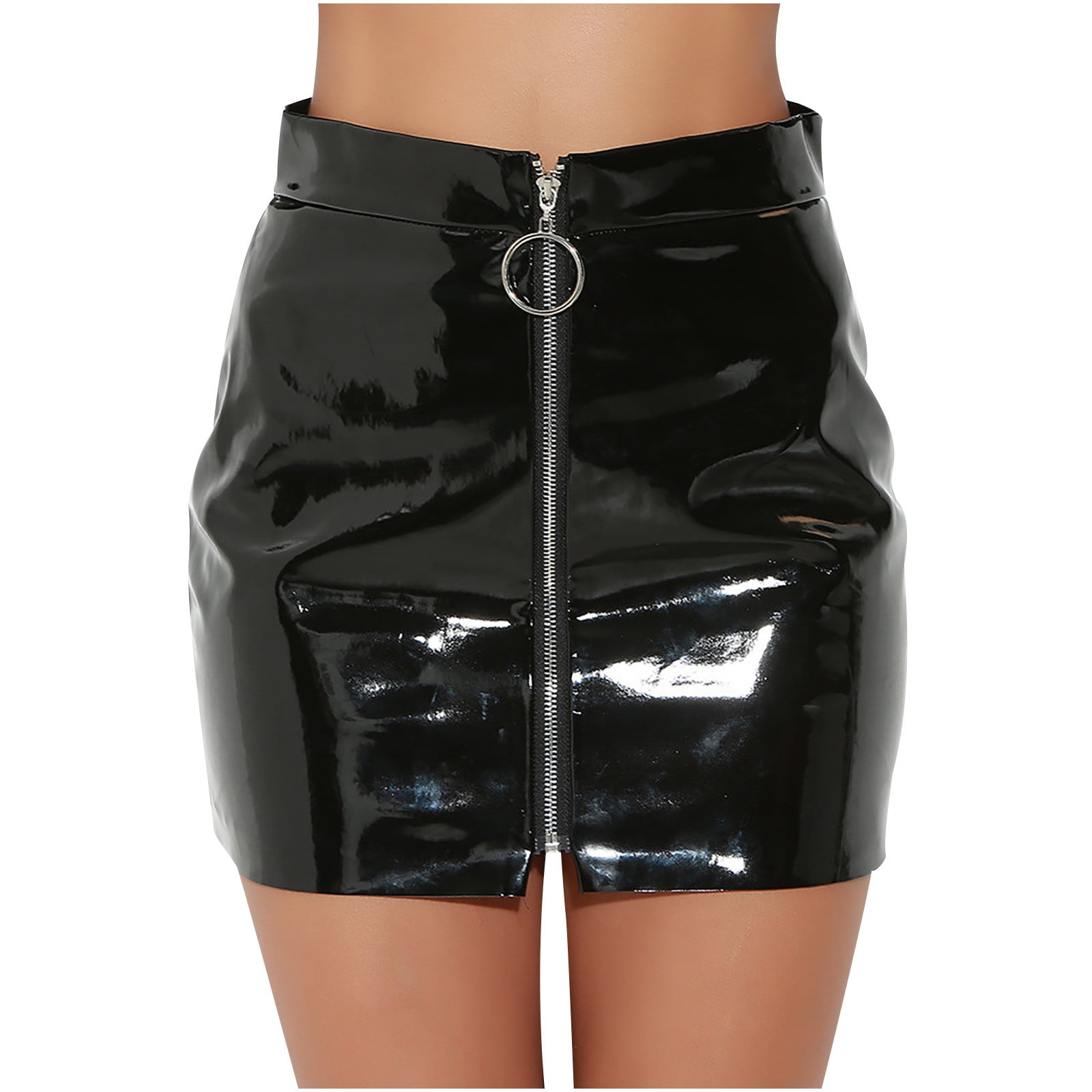 AMDWOV Plus Size Denim Skirt Fashion Women Brief Leather Zipper High