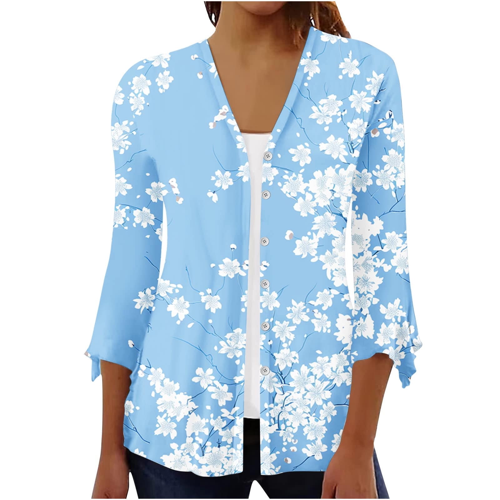 AMDWOV Womens Cardigan Sweaters Women's Floral Print Puff Sleeve