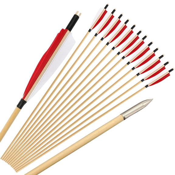 AME 32 inch Archery Wooden Arrows Natural Feather Handmade Traditional Bow Longbow Hunt (6pcs red )