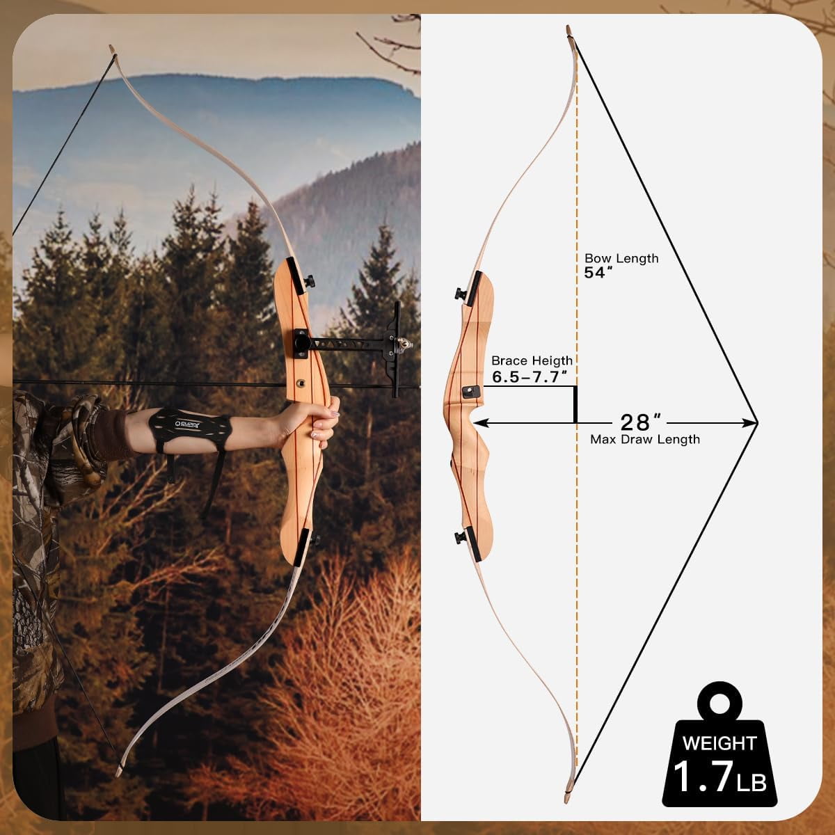 AME 54 inch Recurve Bow and Arrow Set for Youth Beginner Takedown Recurve Bow for Kids Boy Girl Women Right Handed with Ergonomic Design（only bow 22lbs）