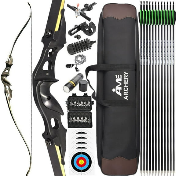 AME 60 inch Recurve Bow Arrow Set 15 inch Aluminum Riser 20-55 lbs Bamboo Core Archery Hunt(bow kit-50lbs)