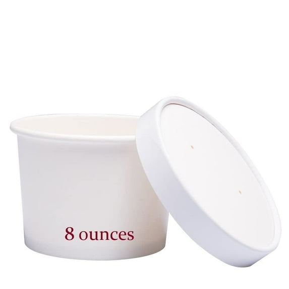 AME D'ESSENCE (8 OZ-50 PC) Disposable White Soup Containers for Hot Cold Food Paper Cups with Vented Lids Great with Ice Cream Gelato Yogurt Paper Soup Cups To Go Take Out Food Containers