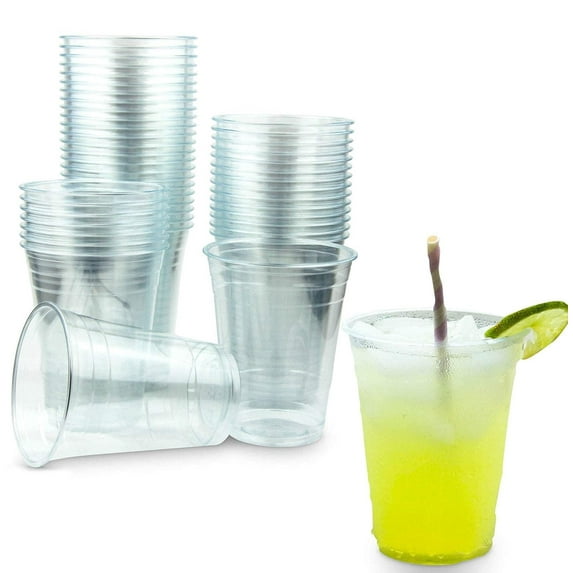 AME D'ESSENCE (300 PC) 12 oz Disposable Clear Cups with Bonus 1-Play Tall Napkins n Straws Plastic Drinking Cups To Go Iced Coffee Crystal PET Cups
