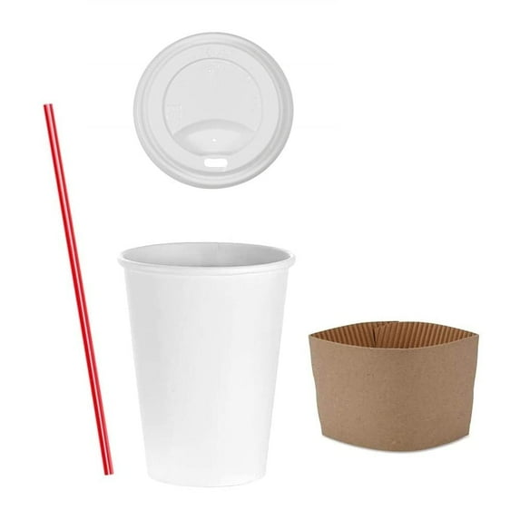 AME D'ESSENCE (12 OZ-300 PC) Disposable Cups with Dome Lids Sleeves and Stirrers Hot Paper Cups White Coffee Cups