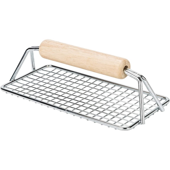 AME D'ESSENCE (6-PCS) Bacon Press Chrome Plated Wire Light Weight Medium Size 8 x 4 w/Wooden Handle