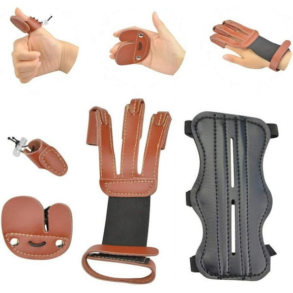 AME Glove 3 Finger Guard Leather Arm Guard Bracers Finger Tabs Thumb Ring Protective Gear Set for Hunting