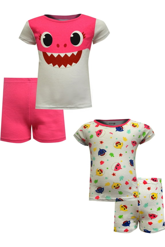 Girls Baby Shark Girls Pink 4 Piece Cotton Toddler Shortie Pajamas (4T)