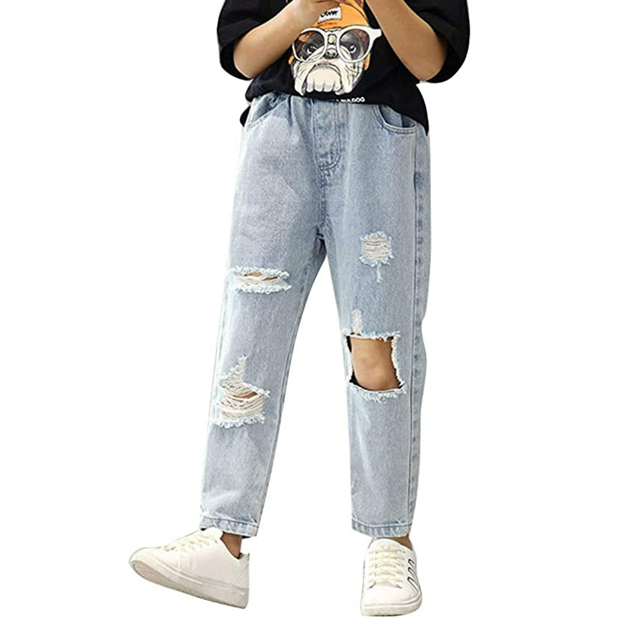 låg lettelse renovere AMEBELLE Big Girls Kids' Ripped Jeans Elastic Waist Printed Hole Denim  Pants (Blue 03, 9-10 Years) - Walmart.com