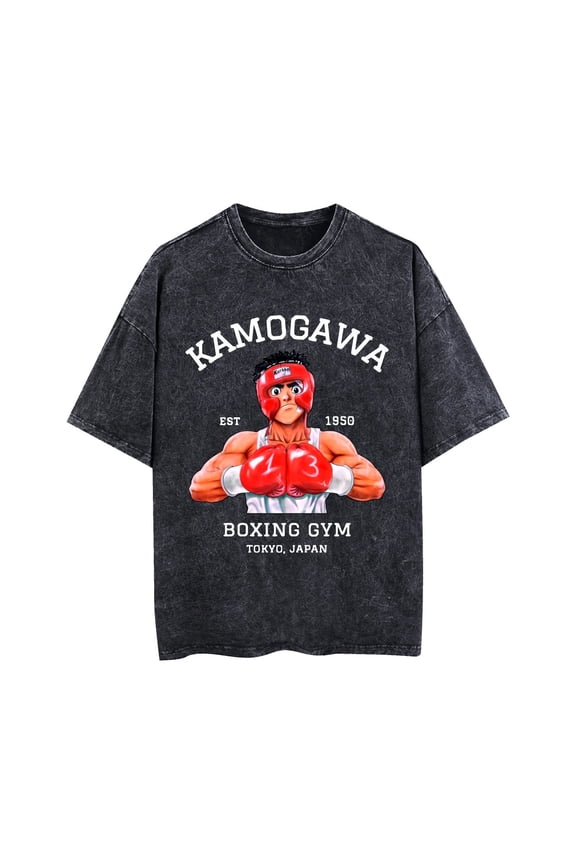 Anime Hajime No Ippo Kamokawa Boxing Washed Retro T-Shirt Crew Neck Pure Cotton Classic Short Sleeve