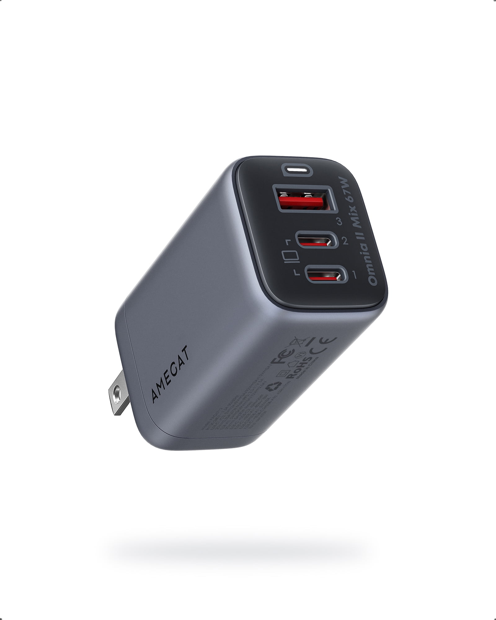 AMEGAT 67W USB C Charger, Omnia II 3-Port Fast GaN Charger Block, PD3.0 PPS Compact Foldable Wall Charger for MacBook Pro/Air, Dell XPS, iPhone 15 Pro Max/14/13, iPad Pro, Galaxy S23/S22, Steam Deck