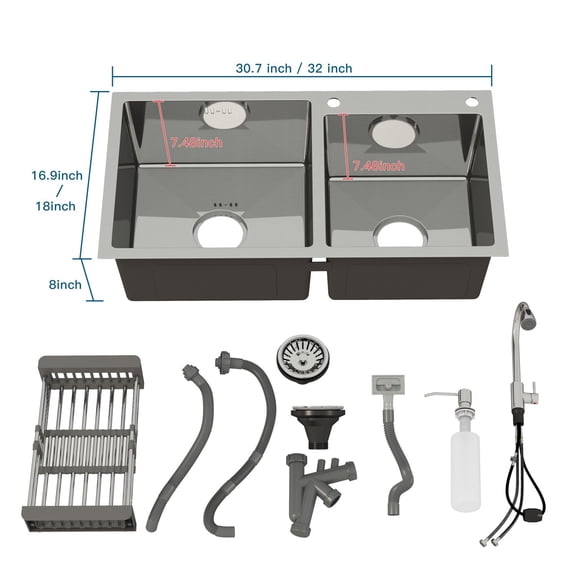 AMENDPATURE 30"×18"Stainless Steel Silver Double Basin Drop-In Sink (with Accessories),Net Weight:18.5LBS