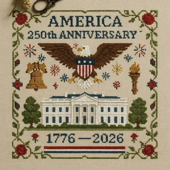 AMERICA 250th ANNTVERSARY DIY American Anniversary Cross Embroidery Kit, Patriotic Cross Stitch Pattern,Include Instruction,Needles, 25 × 25 cm