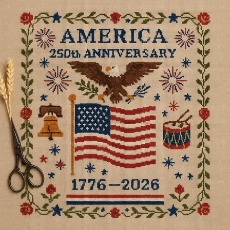 AMERICA 250th ANNTVERSARY DIY American Anniversary Cross Embroidery Kit,  Patriotic Cross Stitch Pattern,Include Instruction,Needles, 25 × 25 cm