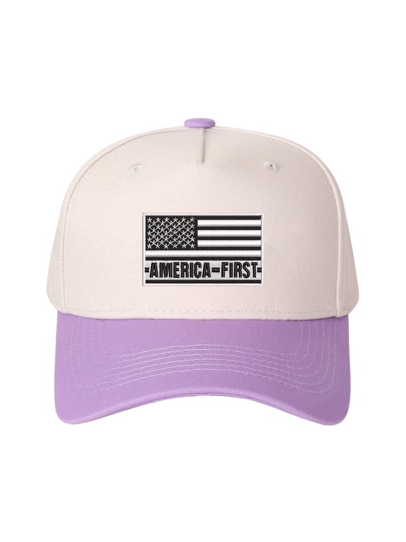 AMERICA-FIRST Letter Embroidered Color Block Trucker Hat Unisex Adjustable Cotton Breathable Fashion Cap for Travel Daily Wear