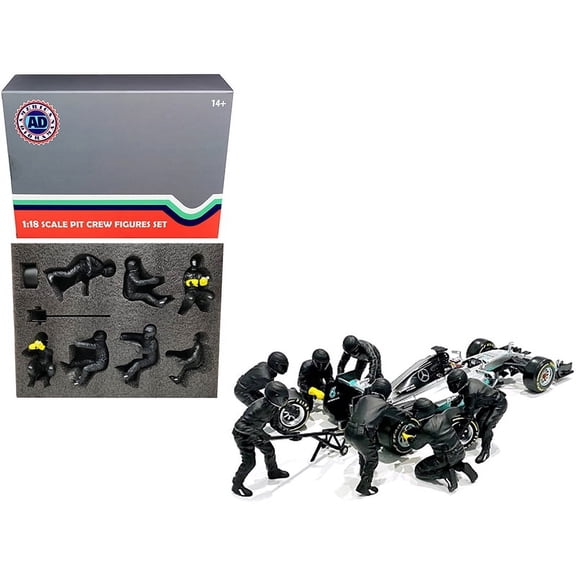 Formula One F1 Pit Crew 7 Figurine Set Team Black Release II for 1 18 Scale Models by American Diorama