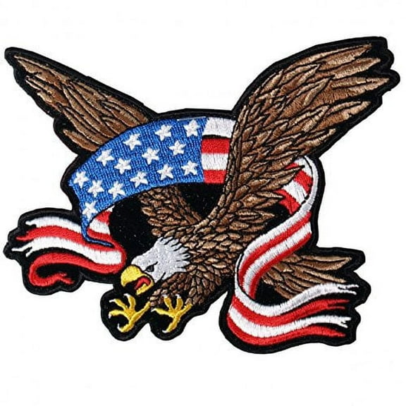 AMERICAN FLAG BANNER EAGLE with Extended Talons - High Thread Iron-On / Saw-On Rayon PATCH - 3" x 3"