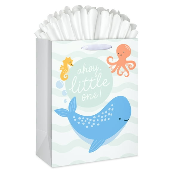 American Greetings 12" Large Baby Shower Gift Bag with Tissue and Tag, Ahoy Little One for Mom to Be (1-Count)