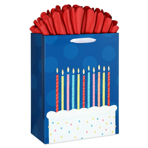 American Greetings 12.75" Large Blue Birthday Gift Bag with Red Gift Tissue Paper, Candles (1-Count)