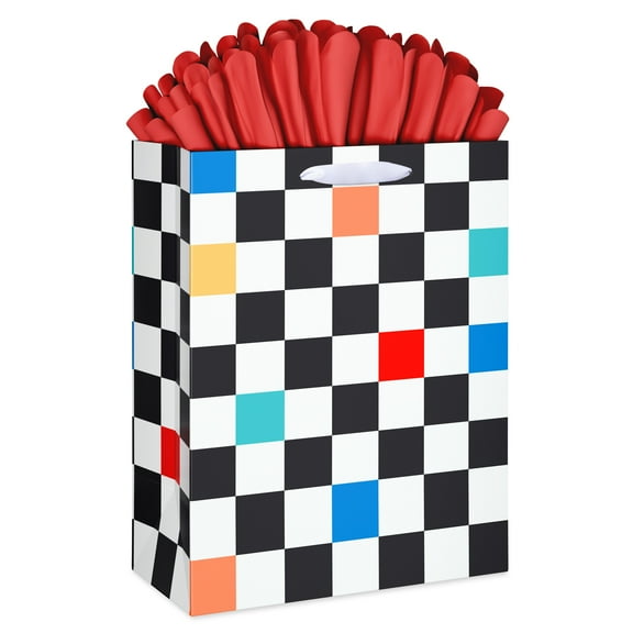American Greetings 12.75" Large Red Checkered Gift Bag with Tissue Paper and Tag for Him (1-Count)