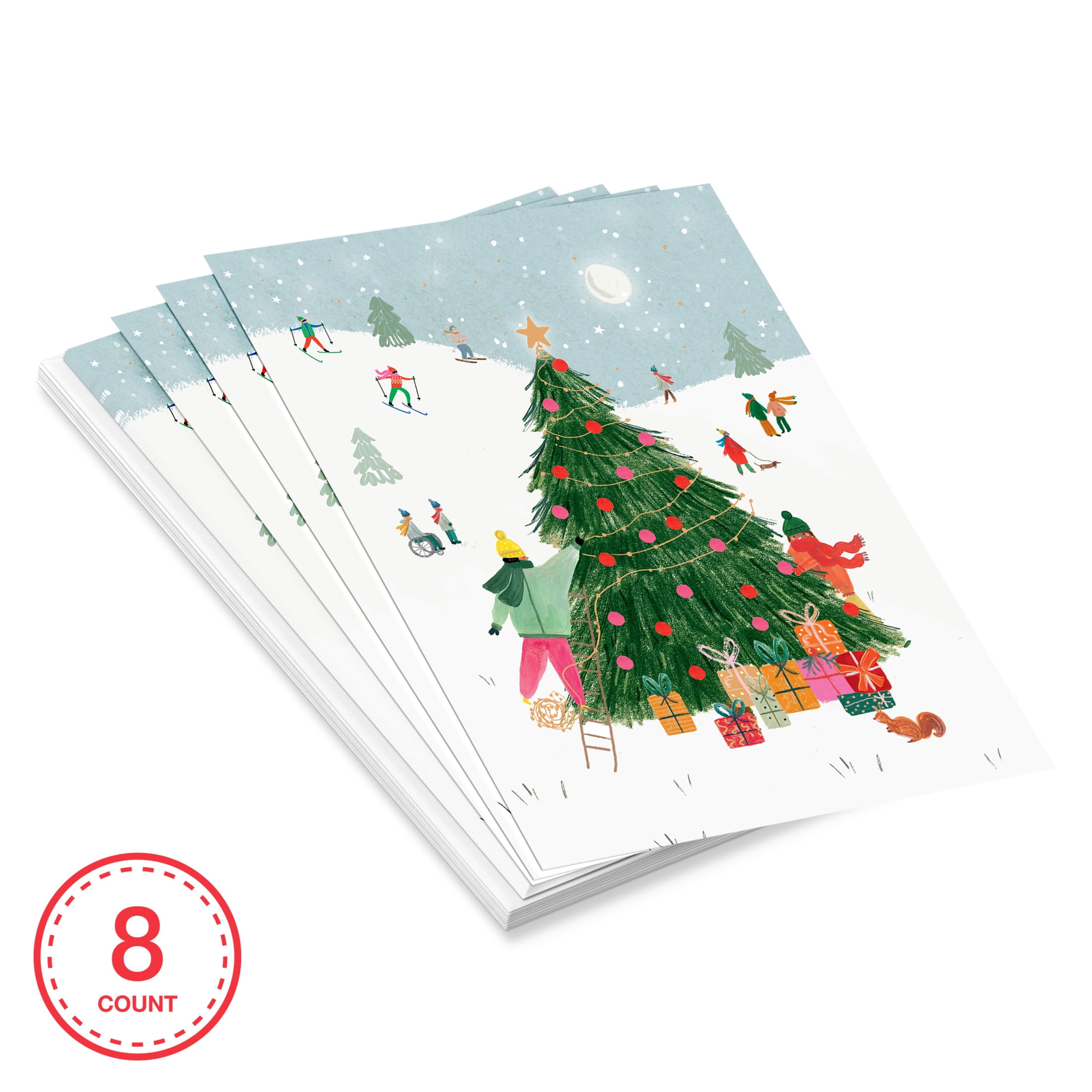 American Greetings 8-Count Christmas Blank Card Pack, Illustrated Tree with Gifts Design