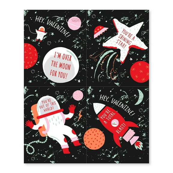 American Greetings Valentine's Day Sticker Exchange Cards Classroom Pack, Space-Themed (28-Count, 4 Designs)
