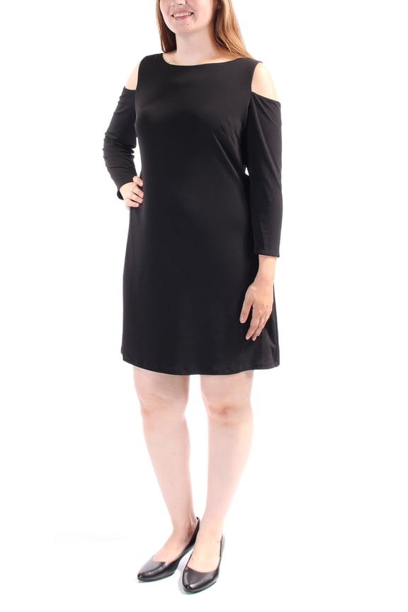 Womens Black Cut Out 3/4 Sleeve Boat Neck Above The Knee Sheath Dress Size: 14