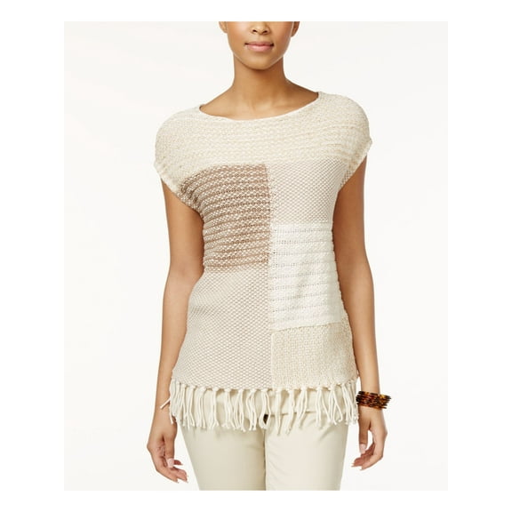 AMERICAN LIVING $69 Womens New 6425 Beige Color Block Fringed Sweater S B+B