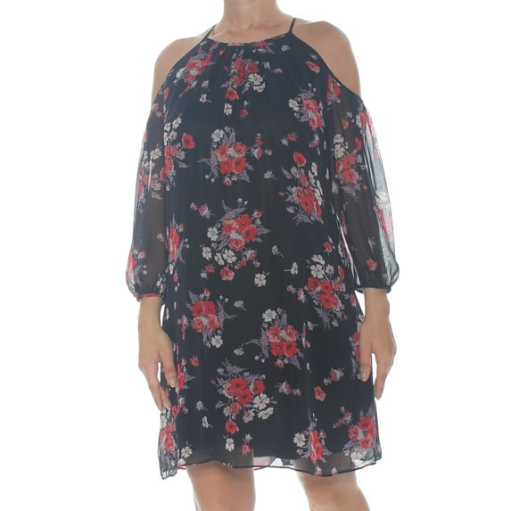 AMERICAN LIVING Womens Black Cold Shoulder Floral Long Sleeve Halter Above The Knee Shift Dress 12