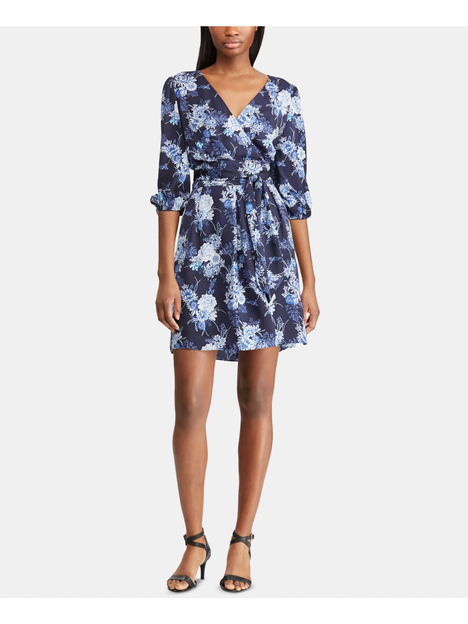 AMERICAN LIVING Womens Navy Belted Printed 3/4 Sleeve V Neck Mini Faux Wrap  Dress 16 - Walmart.com