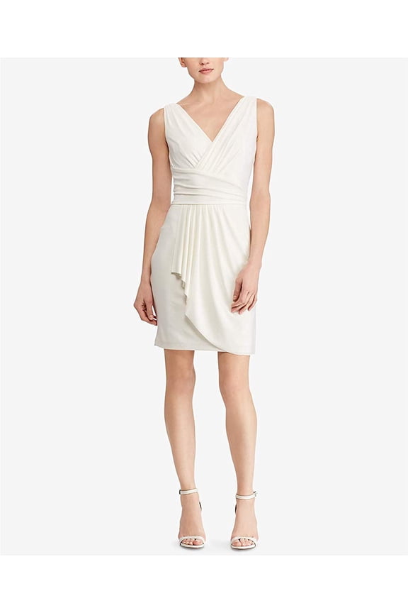 Womens White Pleated Sleeveless V Neck Above The Knee Sheath Formal Dress Size: 4